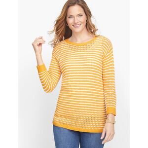 Talbots Sweater Yellow White Striped Pullover Tunic Semi Sheer Sz M Petite